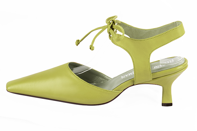 Pistachio green women's open back shoes, with an instep strap. Tapered toe. Medium spool heels. Profile view - Florence KOOIJMAN